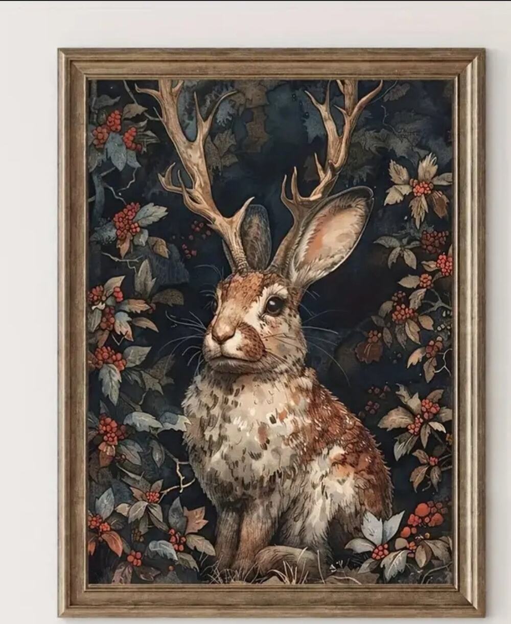 Jackalope Canvas Art Print 12"×16" Dark Academia Cottage Core Fantasy Cryptid